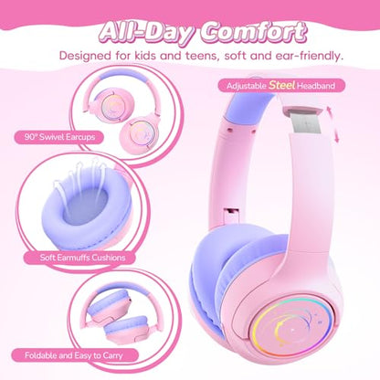 Kids Bluetooth Headphones, 85H Playtime Wireless Headphones for Kids, Colorful LED Lights, 85/94dB Safe Volume Limit, Bluetooth 5.4 Built-in Mic Toddler Headset for Tablet/Airplane/Travel (Pink) - color: Pink