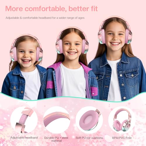 QearFun Kids Bluetooth Headphones, 60H Playtime, 74/85/94dB Safe Volume Limit, Metallic Gradient Wireless Headset with HD Mic, Fast Charging, Foldable, Wired 3.5mm Mode for School/Tablet/Travels - color: Pink