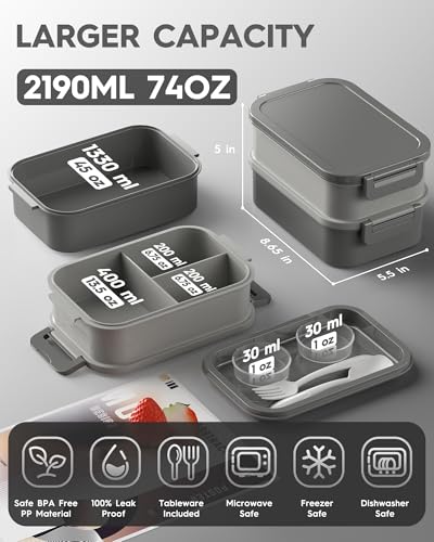 KEMETHY Adults Bento Lunch Box Set with Thermo Bag, 74oz Stackable Leak-proof 3-tiers Bento Box, Built-in Utensil and Sauce Container for Work, School, Dining Out (Gray) - color: Misty Grey
