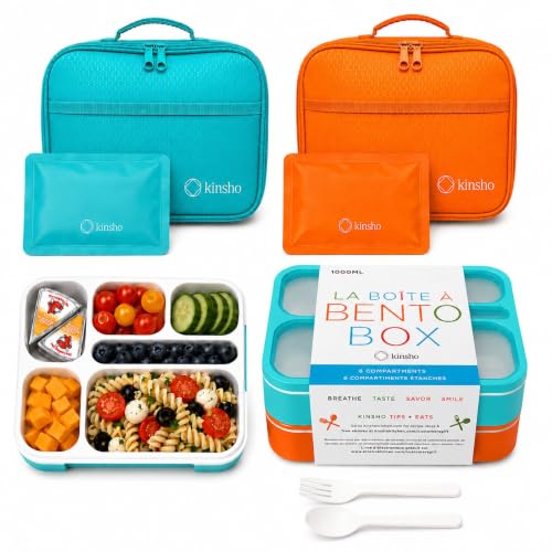kinsho Lunch Boxes for Kids Boys Teens - Bento Box Set with Insulated Bag & Ice Pack, 6 Compartment Leak Proof Food Container, BPA-Free, Microwave Safe, Ideal for School & Work, Teal + Orange - color: Teal + Orange