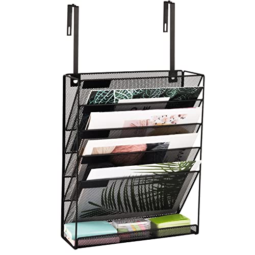 EASEPRES Desk File Organizer Mesh 6-Tier with Hangers, Hanging Wall Mount Document Organization Stand, Desktop Vertical Mail Paper Folder Holder with Bottom Tray for Office Home Cubicle, Black - color: Black, size: 6 Tier & Hangers