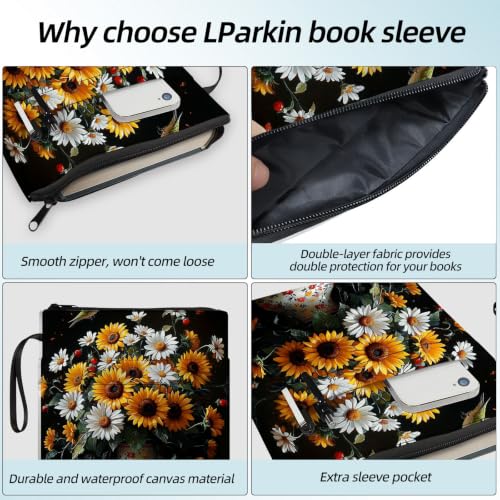 Padded Book Sleeve with Zipper & Front Pocket, Fabric Book Cover | Country Sunflower Daisy Vase11.4"x8.7" Washable Canvas Pouch for Hardcovers, Tablets & Reading Accessories - color: Country Sunflower Daisy Vase