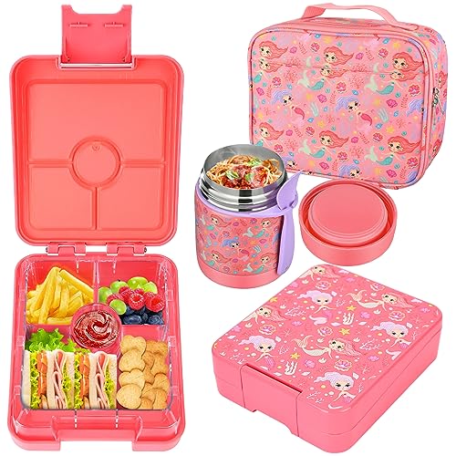 Bento Lunch Box Set for Kids with 10oz Soup Thermo, Leak-Proof Lunch Containers with 4 Compartment, Kids Thermo Hot Food Jar and Insulated Lunch Bag for Kid to School,BPA-Free(Mermaid) - color: Mermaid