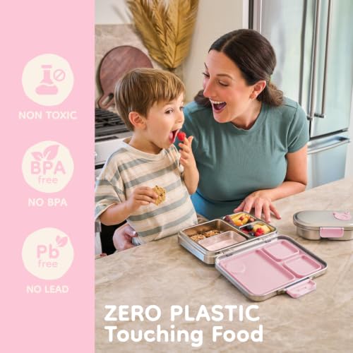 Good Bare Stainless Steel Snack Container for Kids | 2-Compartment Metal Bento Box | Removable Silicone Seal, BPA-Free | Leak-Resistant, Dishwasher Safe | Updated Easy-Open Latch - color: Sweet Pink