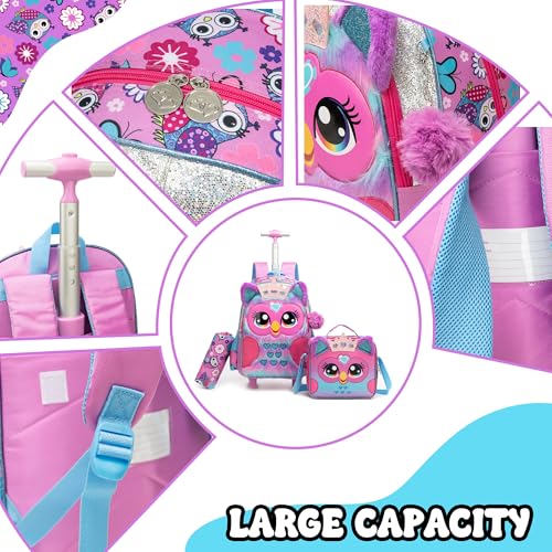 Meetbelify Backpack with Wheels for Girls Rolling Backpack Cute Carry on Backpack Kids Luggage with Lunch Box Pencil Case for Elementary Student - color: Owl