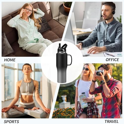 Insulated Water Bottle 32 OZ - with Straw & Pop-up Spout Lid, Keep Cold-48H Hot-12H, Stainless-Steel with handle for Women Men, Metal Flask Water Bottle Fits in Cup Holder - color: Black&Grey with handle, size: 32 Ounces