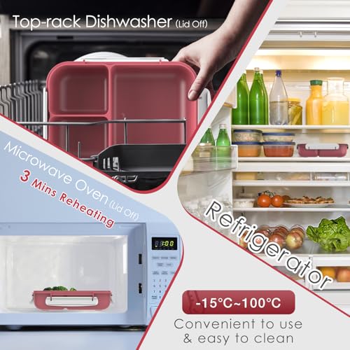 WHALEHOUSE Large Capacity Bento Box for Adult, 1700ML 3 Compartments Lunch Box with Utensil, Airtight Food Container with Lids for Meal Prep, Microwave/Dishwasher/Freezer Safe, On the Go (Red) - color: 1700mL-Red