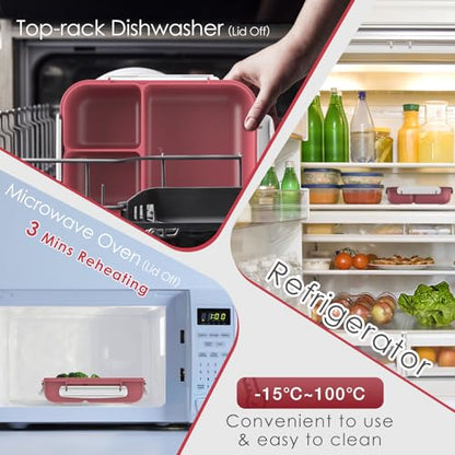WHALEHOUSE Large Capacity Bento Box for Adult, 1700ML 3 Compartments Lunch Box with Utensil, Airtight Food Container with Lids for Meal Prep, Microwave/Dishwasher/Freezer Safe, On the Go (Red) - color: 1700mL-Red