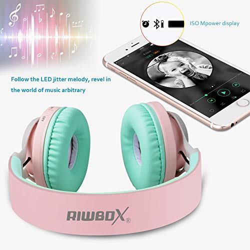 Riwbox WT-7S Bluetooth Headphones Light Up, Foldable Stero Wireless Headset with Microphone and Volume Control for PC/Tablet/TV/Travel (Pink Green) - color: PINK&GREEN
