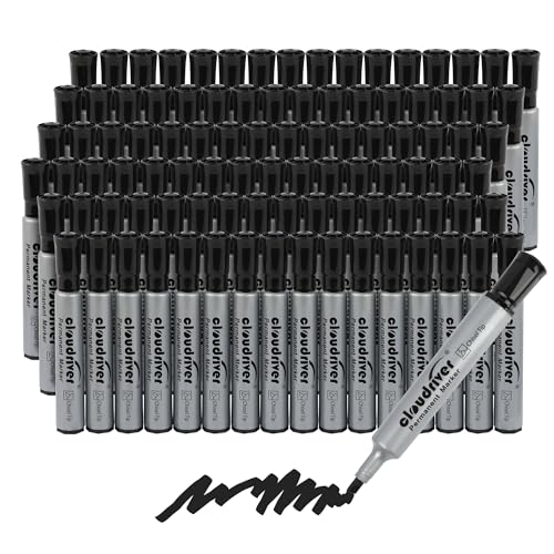 cloudriver Permanent Markers 96 Count, Black Permanent Marker Bulk Set, Chisel Tip, Premium Smear Proof Markers, Quick Drying Ink, Waterproof, Office Supplies for School, Office, Home