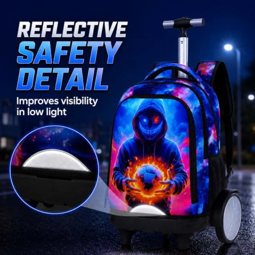 KLFVB Big Quiet-Glide Wheels Boys Backpack, 3-in-1 Rolling Bookbag Set with Lunch Bag | Water-Resistant Roller Bag for Kids, School, Travel, Play - Devil Soccer - color: Rolling Backpack with Big Wheels - Devil Soccer