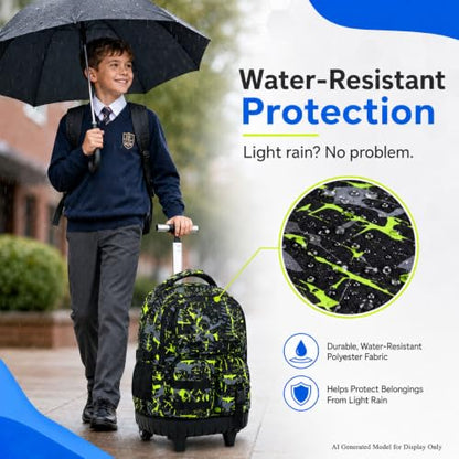 WZLVO 3PCS Roller Backpack, Water Resistance Boys Wheeled Bookbag, Rolling School Bag Set with Lunch Box & Pencil Bag for Teens & Kids - Spray Painted Green - color: 3pcs Boys Rolling Backpack - Spray Painted Green