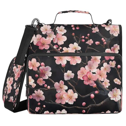 Zipper Binder Black Cherry Flower 1.5 inch 3 Ring Binder Bag with Multiple Pockets, 500 Sheet Capacity with Shoulder Strap