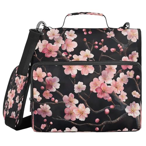 Zipper Binder Black Cherry Flower 1.5 inch 3 Ring Binder Bag with Multiple Pockets, 500 Sheet Capacity with Shoulder Strap