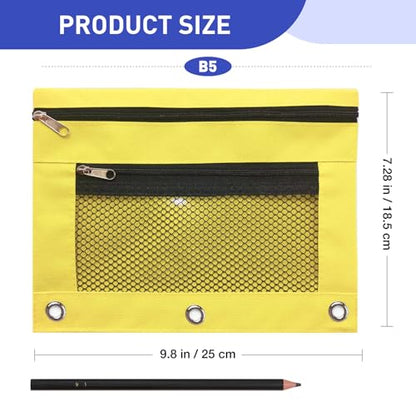 Pencil Pouch for 3 Ring Binder - 3 Hole Zipper Pen Case Bag Holder Bulk Accessories Clear Window Aesthetic Organizer Pockets - color: Yellow