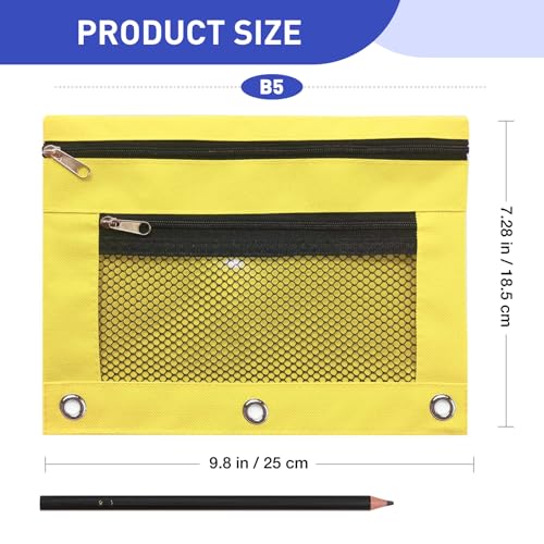 Pencil Pouch for 3 Ring Binder - 3 Hole Zipper Pen Case Bag Holder Bulk Accessories Clear Window Aesthetic Organizer Pockets - color: Yellow