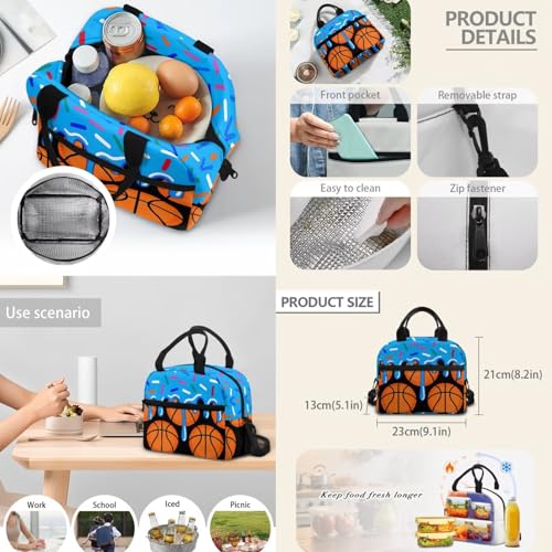 Blue Ice Cream Basketball 3 in 1 School Backpack Set with Lunch Box Pencil Case for Boys Girls 17 Inch 3PCS Bookbag Schoolbag for Middle High Students - color: Blue Ice Cream Basketball