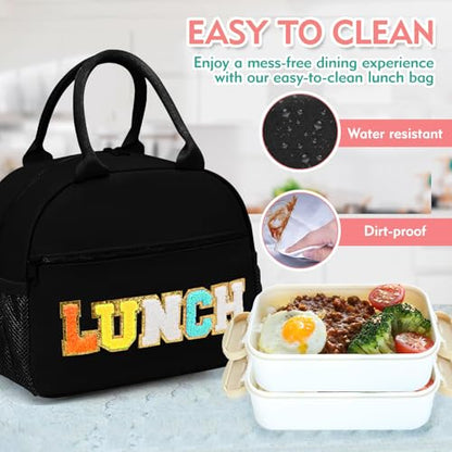 Lunch Bag for Girls and Women, Cute Preppy Lunch Bag with Chenille Letters, Insulated Large Capacity Lunch Tote with Detachable Strap for School, Work & Picnic, Black - color: Black