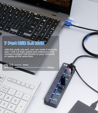 USB Hub for Laptop, SNLLMZI 7-Port USB 3.0 Hub Splitter with Individual On/Off Switches and Lights, 4ft/1.2m Long Cable Compatible for Laptop,PC Computer,Surface Pro,PS4/5,Flash Drive,Mobile HDD,etc.