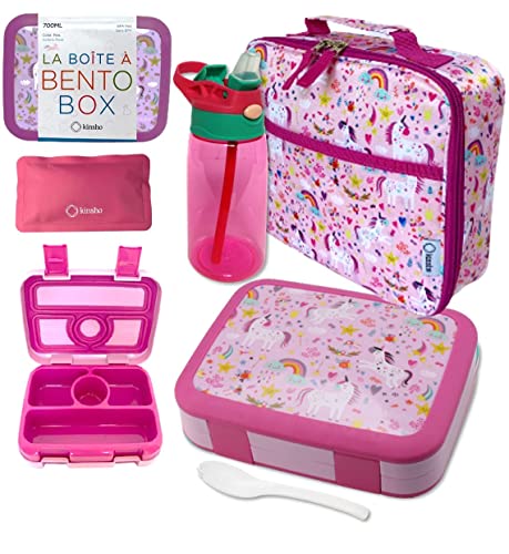 kinsho Bento Lunch Box with Insulated Bag and Water Bottle Set for Kids Toddlers, 4 Portion Sections, Removable Tray, Pre-School Girl Toddler Daycare Lunches, Snack Container, Pink Unicorn - color: Pink Unicorn Set