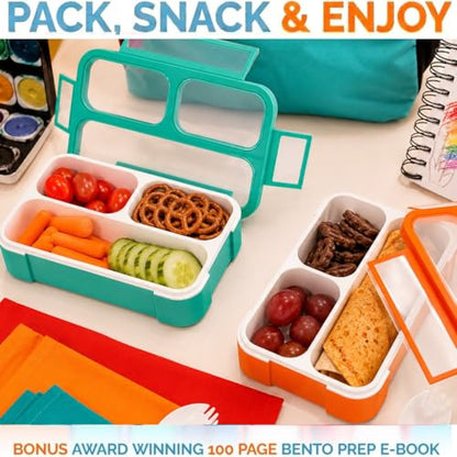 Small Snack Containers for Kids Toddlers - 3 Compartments (Set of 2) - Leak-Proof Reusable Boxes with Lids - BPA-Free Plastic Mini Bento Lunch Box - Ideal for School, Holds 2 Cups (Teal Blue+Orange) | 3 Compartments, Leak-Proof, Spill Proof, BPA-Free Reus