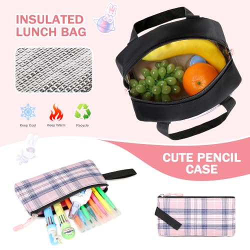 FIXITOK Rolling Backpack for Girls, Kawaii Bunny Roller Wheels School Backpacks with Lunch Bag Pencil case, Wheeled Suitcase Bookbag for Elementary Travel Plaid-Blackpink - color: Plaid-blackpink