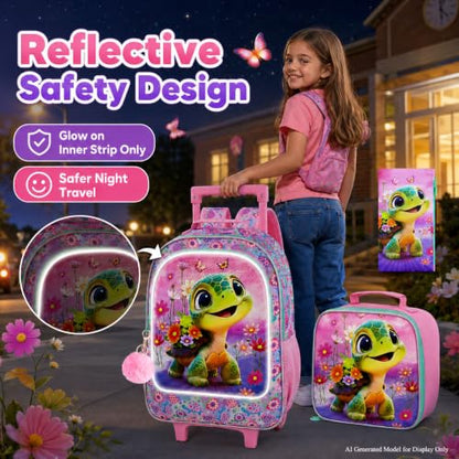AGSDON 3PCS Kids Rolling Backpack, Girls Roller Wheels Bookbag, Wheeled Elementary School Bag with Lunch Bag - Turtle - color: Turtle Roller