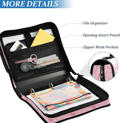 Zipper Binder Bag 3 Ring File Folder Portfolio Organizer Zippered Binder Bags with Strap Fits Laptop Women Men - color: 22-pink Ribbon Bow