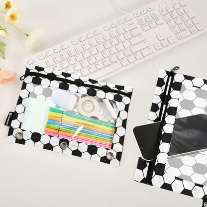 Soccer Pencil Pouches for 3 Ring Binder, Zipper Binder Pencil Case, 2 Pack Clear Window Case Bag for Office Organizers - color: Soccer