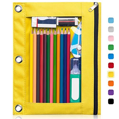 Forvencer Pencil Pouch for 3 Ring Binder, Clear Window Pencil Case with Smooth Zipper, Big Capacity 3 Ring Binder Pencil Bag with 3 Reinforced Grommets, Yellow - color: Yellow, size: 1 Pack