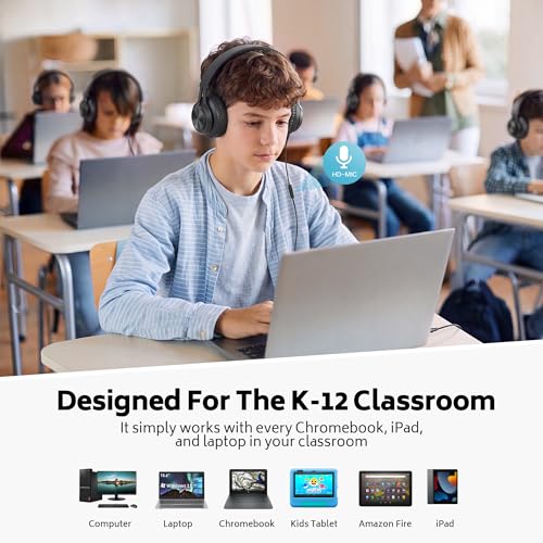 AILIHEN Headphones Wired 12-Pack Bulk for School Students Kids K-12 Classroom，Adjustable, Foldable, Over-Ear Headsets with Microphone HD Stereo Sound 3.5mm Jack for Chromebook, Laptop (Black) - color: Black