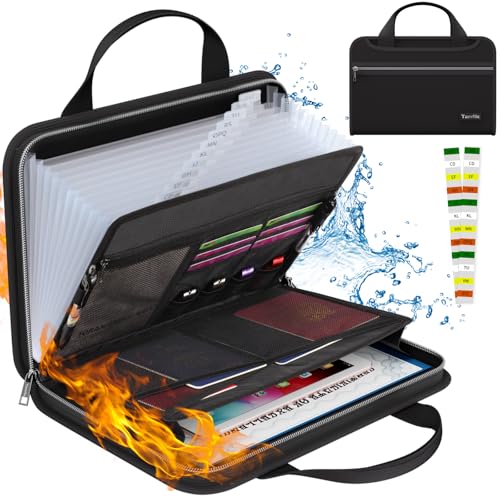 Tamfile Fireproof Accordion File Organizer, 13 Pocket Expanding File Folder | Document Organizer with Handle, File Folder with Multi-Pockets Paper Organizer for A4 File, Black - color: Black, style: Clear Pocket