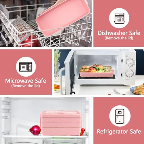 35Pcs Bento Box Japanese Lunch Box Kit Leakproof Lunchbox, Pink | Wheat straw 3 layer stackable lunch container with compartments and lunch bag for kids adults teens meal prep school office - color: Pink, size: 35Pcs