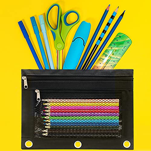 Pencil Pouch 3 Ring Binder Pouch Zippered Pencil Case Canvas Pencil Bag with 2 Compartments (Set of 2, Black) - color: Black
