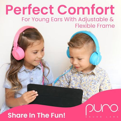 Puro Sound Labs Kids Wired Headphones – Volume-Limiting & Adjustable, Safer & Comfortable Headphones for Kids – Compatible with PCs, Smartphones & Tablets, Ideal for School & Travel – PuroBasic, Pink - color: Pink