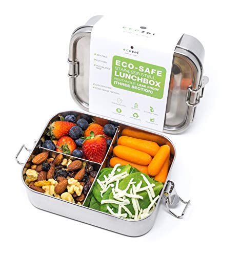 ecozoi Stainless Steel Lunch Box for Kids and Adults with 50 ml Sauce Container, 1-Tier Metal Bento Box Leak Proof with 5 Compartments, 50 Oz Metal Lunch Container, Meal Prep Food Container, - size: 3 Compartment 24 Oz