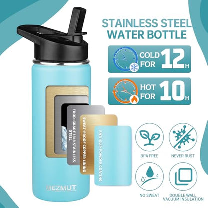 Insulated Water Bottle 18oz Stainless Steel Water Bottles with Straw&2 Lids, Kids Metal Water Bottle Cup for School, Vacuum Insulated Bottles Leak-Proof Travel Cup, Blue - color: Blue, size: 18 Ounces