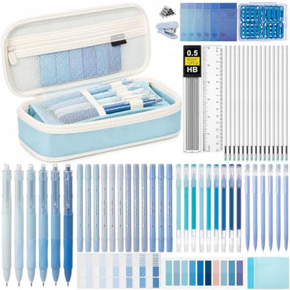 Eersida 74 Pcs Aesthetic School Supplies with Large Pencil Pouch 5 Ink Gel Pens 12 Highlighters 6 Mechanical Pencils 0.5mm 9 Color Pens 4 Note Pads Set for Student Stationary (Blue,Cute Style) - color: Blue, style: Cute Style