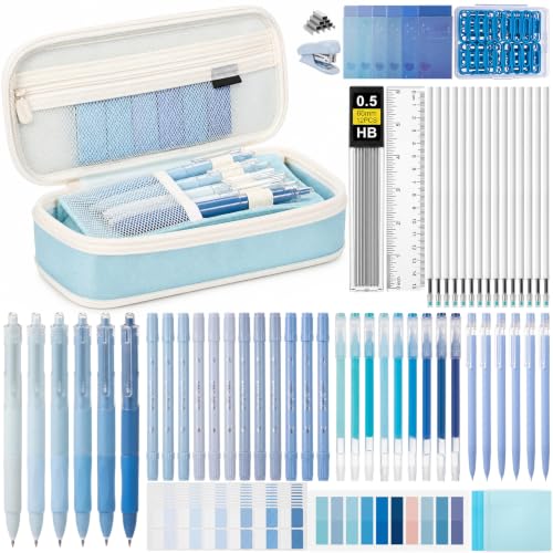 Eersida 74 Pcs Aesthetic School Supplies with Large Pencil Pouch 5 Ink Gel Pens 12 Highlighters 6 Mechanical Pencils 0.5mm 9 Color Pens 4 Note Pads Set for Student Stationary (Blue,Cute Style) - color: Blue, style: Cute Style
