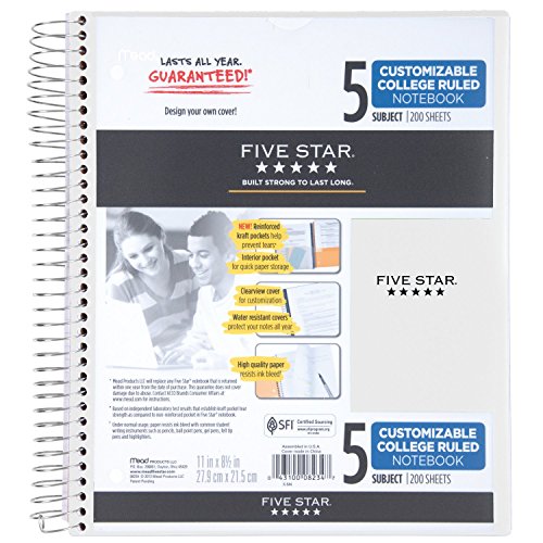 Five Star Spiral Notebook, 5 Subject, College Ruled Paper, 200 Sheets, 11" x 8-1/2", Customizable Cover, White (38012) - color: 05 White
