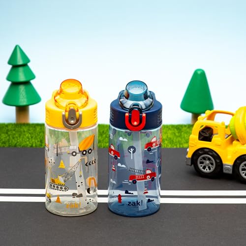 Zak Designs Sage Kids Water Bottle For School or Travel, 16oz Durable Plastic Water Bottle With Straw, Handle, and Leak-Proof, Pop-Up Spout Cover, 2-Pack Set (Construction and Rescue) - color: Construction and Rescue