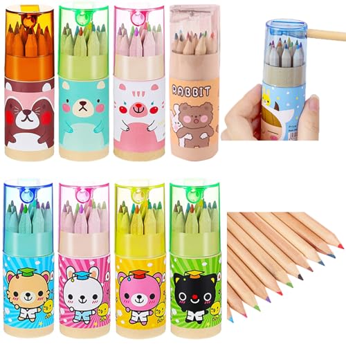 Tergy 8 Packs Mini Colored Pencils with Sharpener in Tube Portable Drawing Art Cartoon Pencils for 3 Years and Up Kids Adults Writing Sketching Painting,12 Colors in Tube