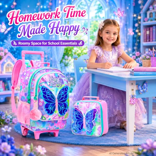 WZLVO 3PCS Roller Backpack for Girls, 18" Sparkling Butterfly Print Kids Rolling Backpack, Includes Matching Lunch Bag & Pencil Bag - Butterfly with Wings (Pink) - color: 3pcs Girls Rolling Backpack - Butterfly With Wings