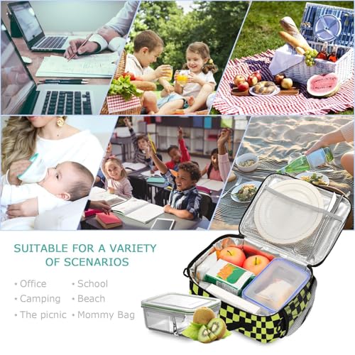 Custom Student Lunch Bag for Boys Girls Yellow Black Checkered Personalized Lunch Box With Name Insulated Cooler Bag for School Picnic Travel - color: Multi02