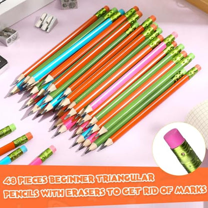Fainne 48 Pcs Fat Pencils Jumbo Big Thick Large Pencils and 3 Pieces Sharpeners for Kids Beginners Preschoolers Kindergarten School Office Supplies(Multicolor,Triangle) - color: Multicolor, style: Triangle