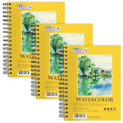 U.S. Art Supply 5.5" x 8.5" Premium Heavyweight Watercolor Paper Pad, Pack of 3 (30 Sheets Each), 140lb (300gsm) - Spiral Bound, Cold Pressed, Acid-Free, Wet, Water Color Paper - For Artists, Students - size: 5.5-x-8.5-inch