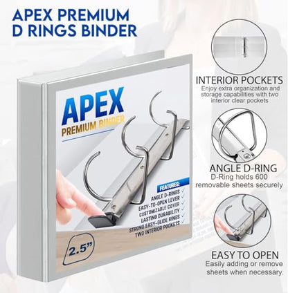 2 Pack of 2.5” Smooth Opening Angle D-Ring View Binders, Professional Presentation Folder for Standard Pages with Inside Pockets, and Customizable Clear View Binder PVC-Free