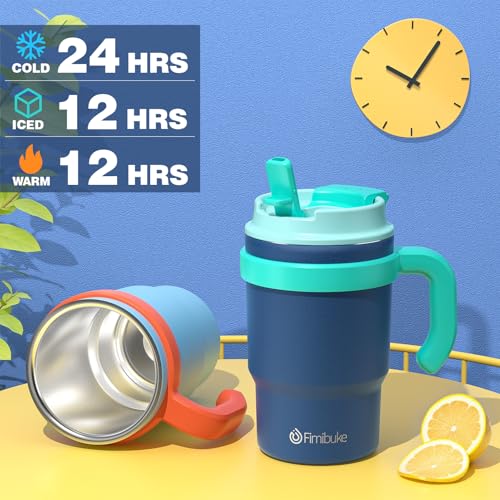 Fimibuke 16oz Kids Insulated Tumbler with Handle & Straws - 2 Pack BPA FREE 18/8 Stainless Steel Toddler Cups with Sip/Swig 2-in-1 Lids, Leak Proof Kid Drinking Cup Travel Mugs for Children Boys Girls - color: B4.Dinosaur & Monster Car