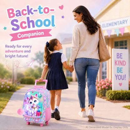 3Pcs Rolling Backpack for Girls, Fox Kids School Backpacks with Wheels, Roller Bookbag with Lunch Box for Elementary Preschool(White) - color: Fox Pink
