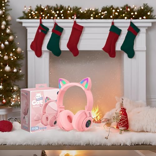 Cat Ear Bluetooth Headphones for Kids & Adults, Wireless Foldable & Wired Multi-Function LED Light Up Over Ear Headphones with Mic and Volume Control for iPhone/iPad/Laptop/PC (Pink 2) - color: Pink 2